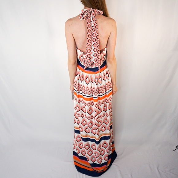 ELIZA J Mixed Geometric Orange Maxi Halter Dress - Picture 5 of 7